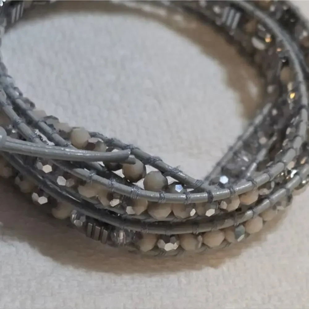 Victoria Emerson Gray Leather Multi Wrap Beaded Bracelet with Skull Charms Boho‎